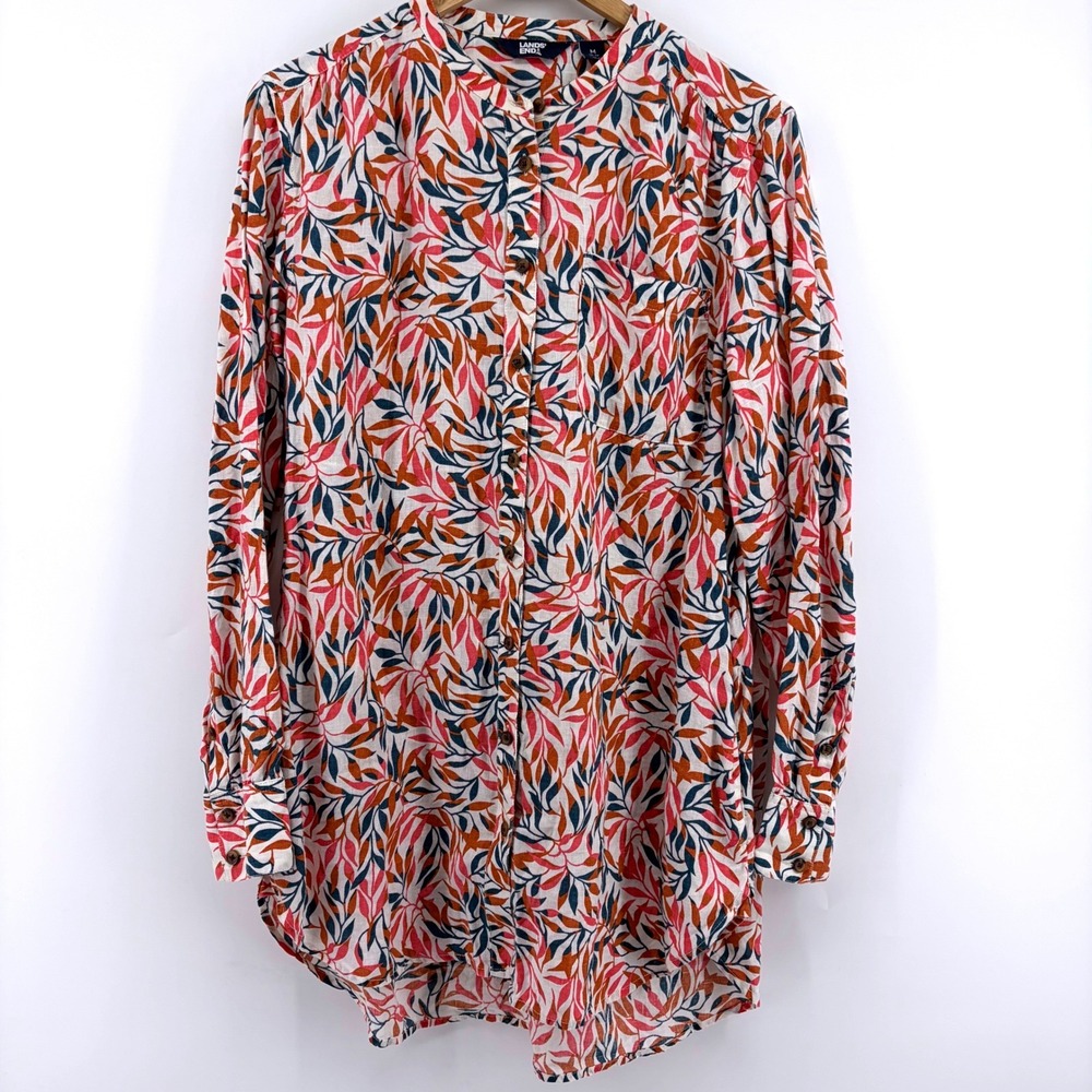 Lands End Womens 100% Linen Band Collar Leaf Print Lg Sleeve Tunic Shirt M 10-12 - Picture 2 of 10